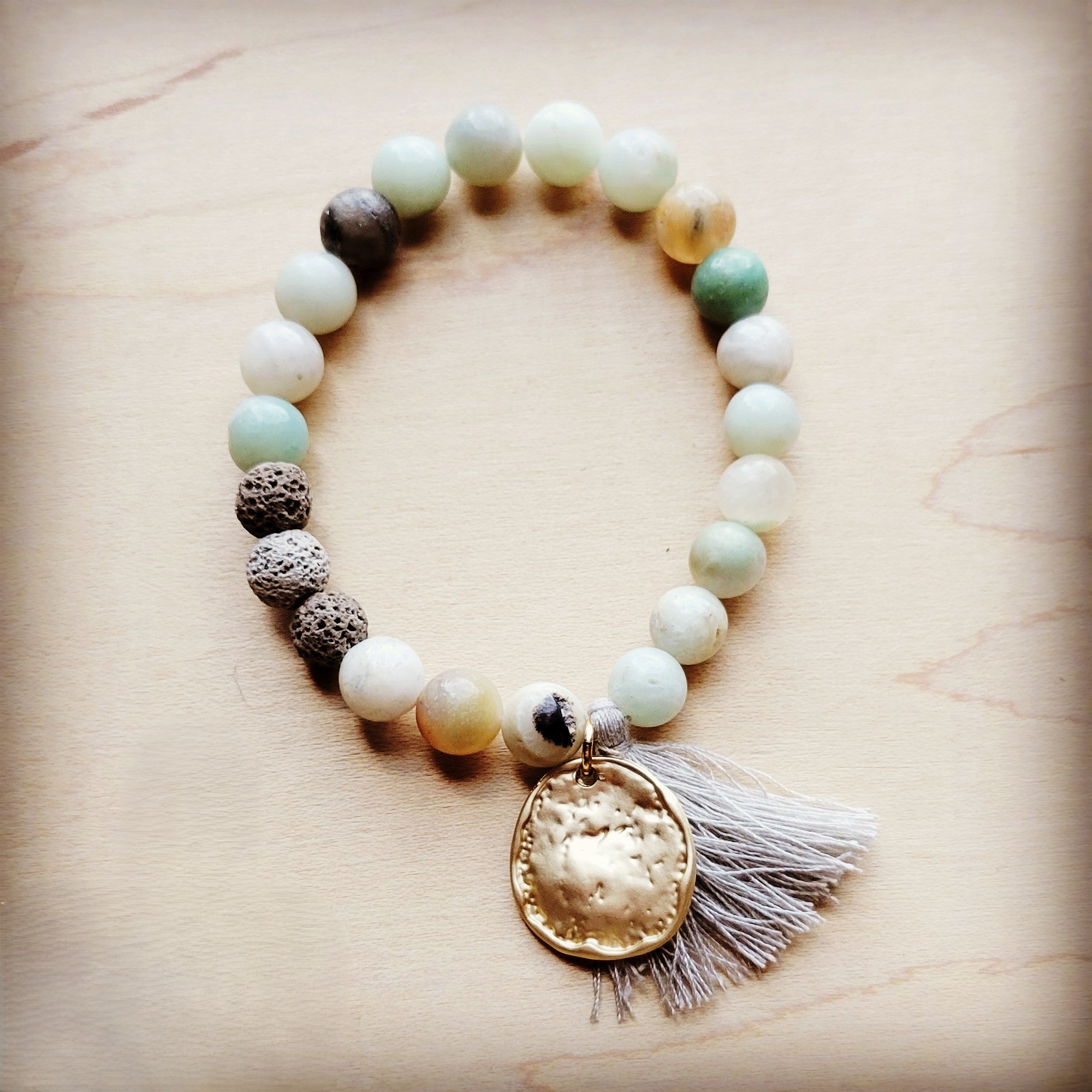 Amazonite Stretch Beaded Bracelet with Tassel and Coin 806m