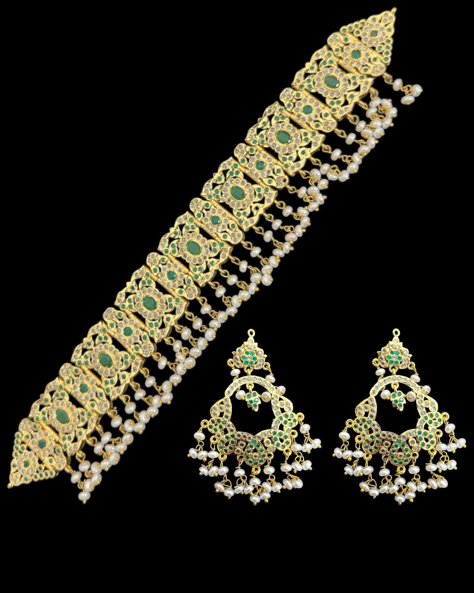 C544  Nishat fresh water pearl choker with earrings - Green ( READY TO SHIP )