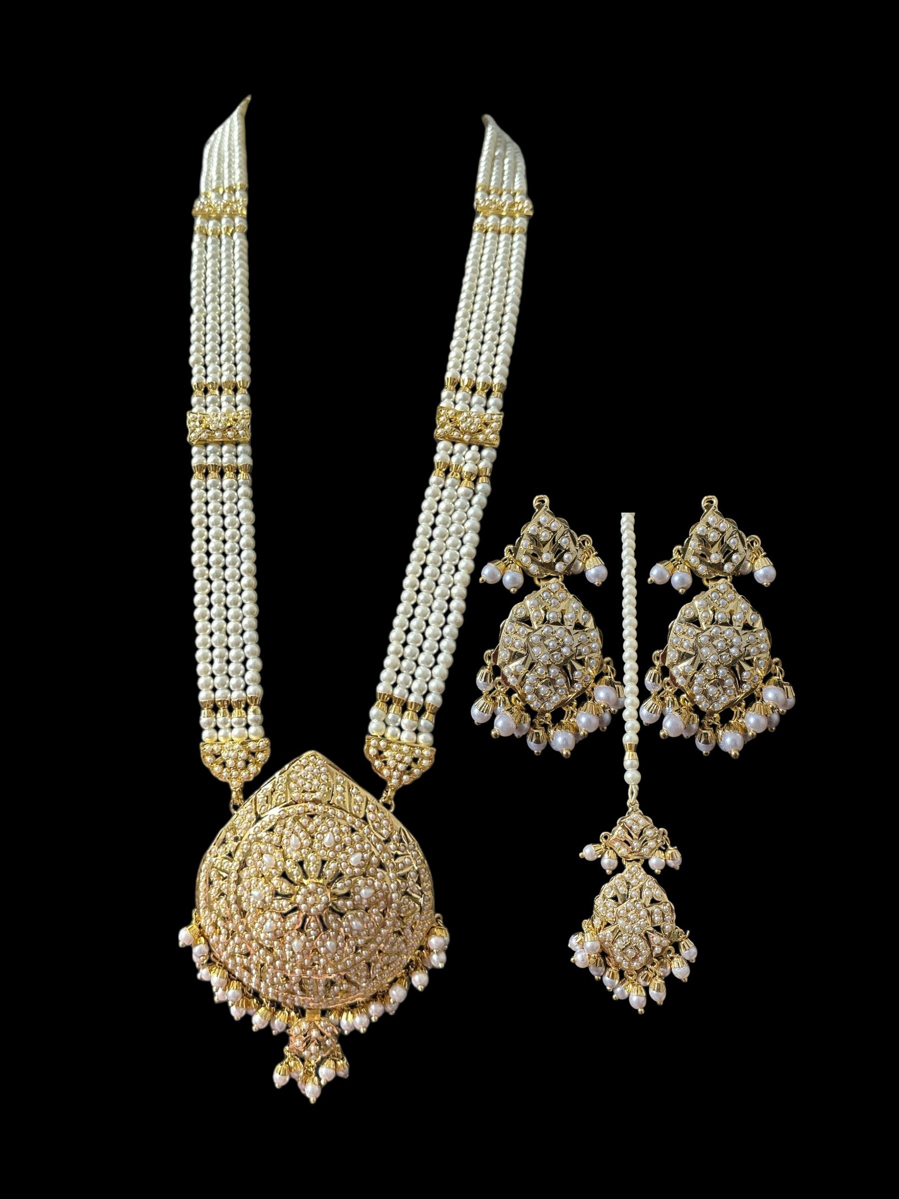 DLN129 jadau rani haar in pearls with earrings tika ( READY TO SHIP )