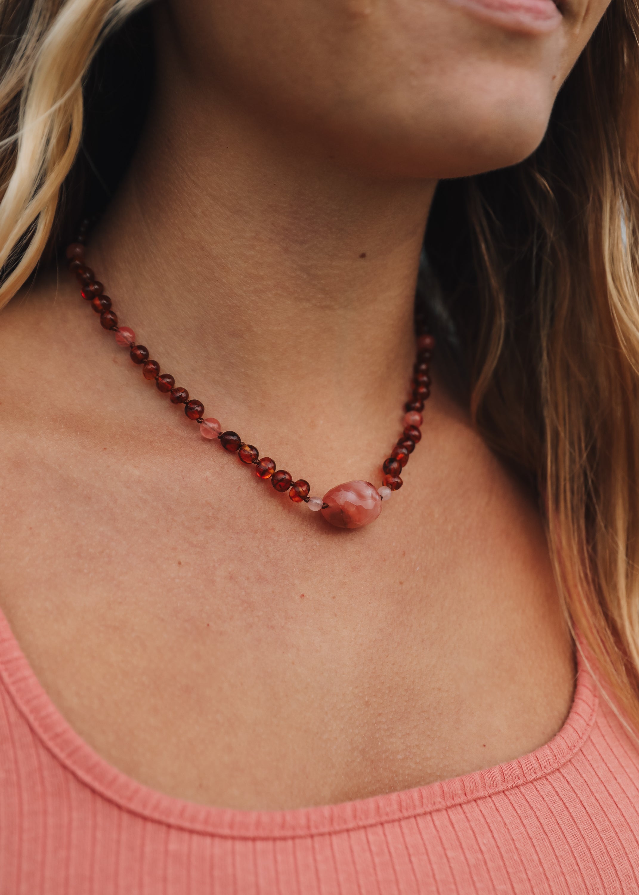 Cognac Baltic Sea Amber || Cherry + Rose Quartz || Necklace
