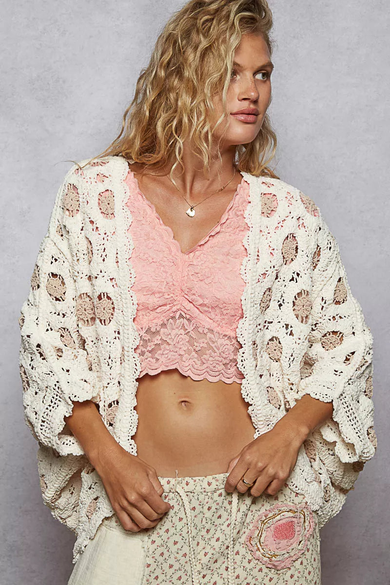 POL Openwork V-Neck Chenille Cardigan with Contrast Floral