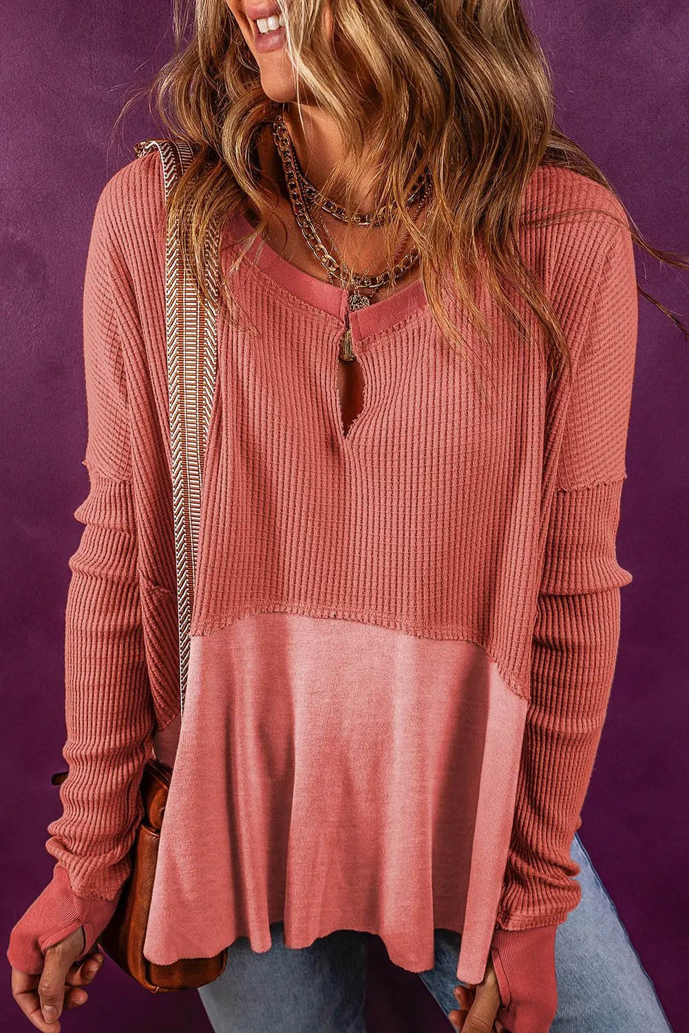 Threaded Pear Pink Waffle Knit Women&amp;#39;s Casual Top Long Sleeve, Exposed Seam