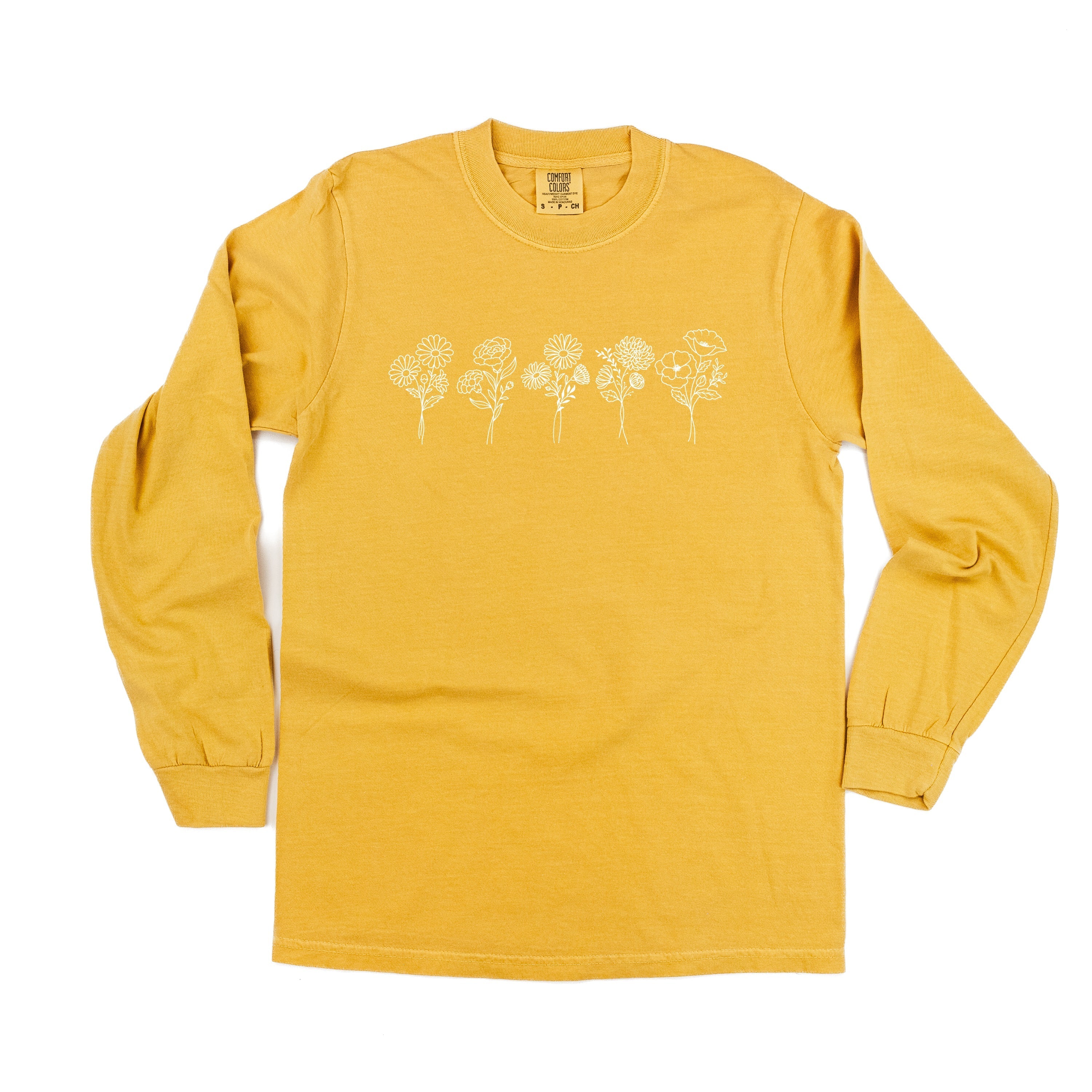 Embroidered Long Sleeve Comfort Colors Tee - 5 Birth Flower w/ White Thread (center)