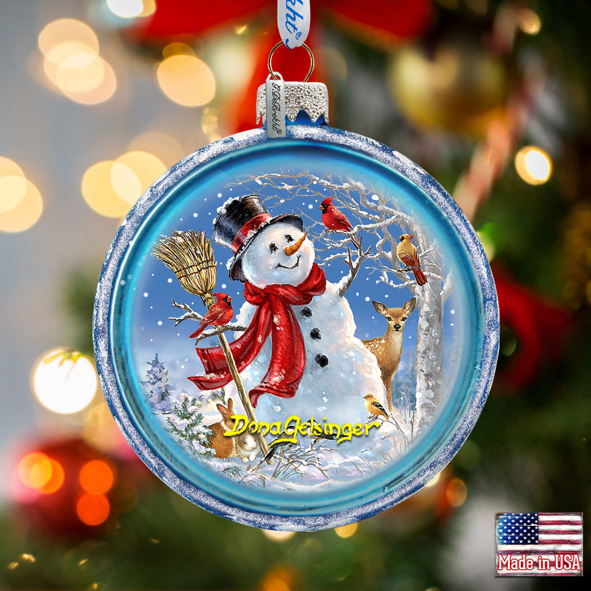 Night Snowman With Birds Glass Ornament by D. Gelsinger - Christmas Santa Snowman Décor - 71105C-DG