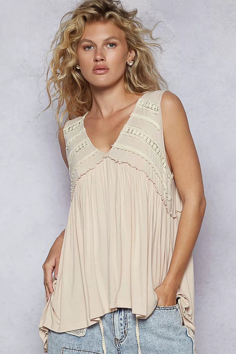 POL Lace Trim Babydoll Sleeveless Top with Ruffled and Raw Edge Detail