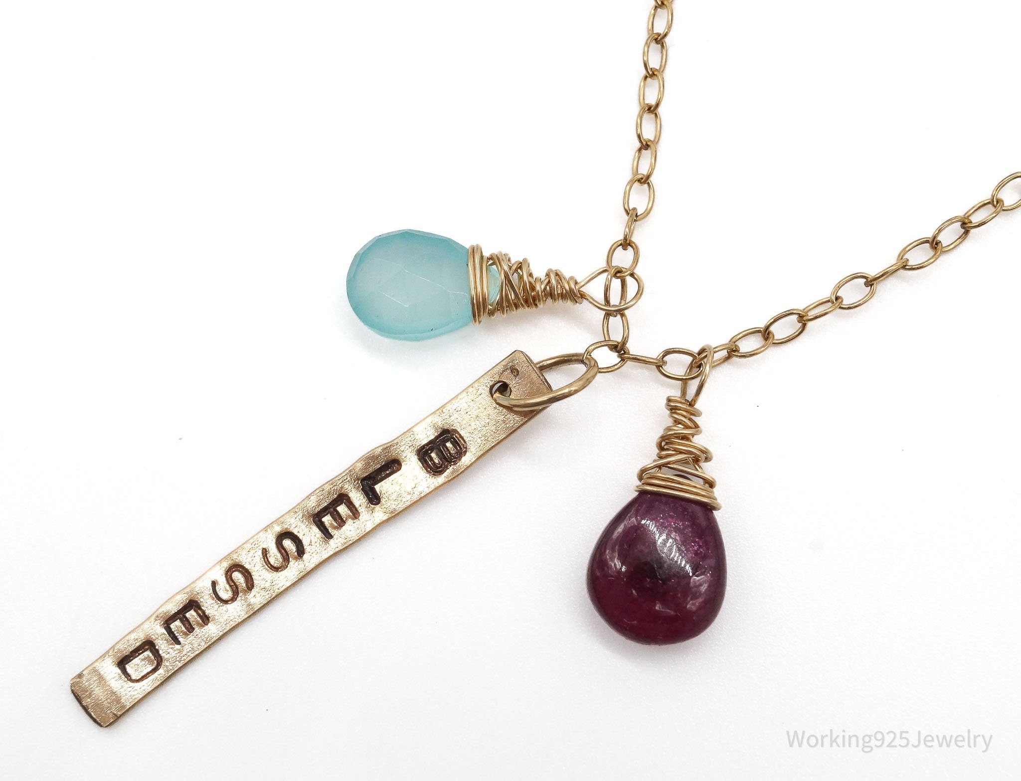 Vintage 14K Gold Filled &amp;quot;BLESSED&amp;quot; Chalcedony Rhodolite Rose Quartz Necklace 24&amp;quot;