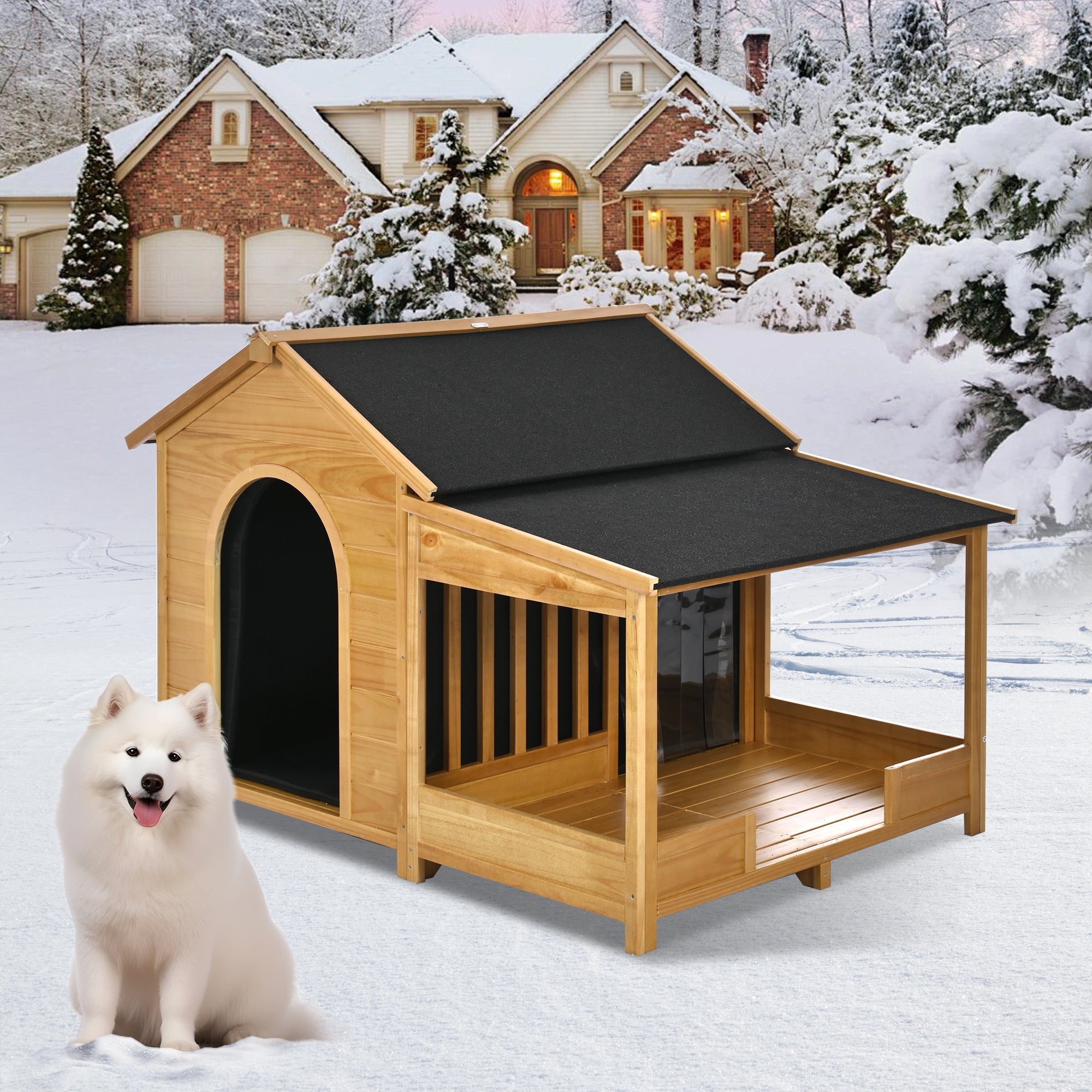 60.2&amp;#39; Large Outdoor Dog House with Insulated Liner for Winter Waterproof Dog Kennel for Medium &amp;amp; Large Dogs, Dog House with Porch and Asphalt Roof and Elevated Floor, Nature