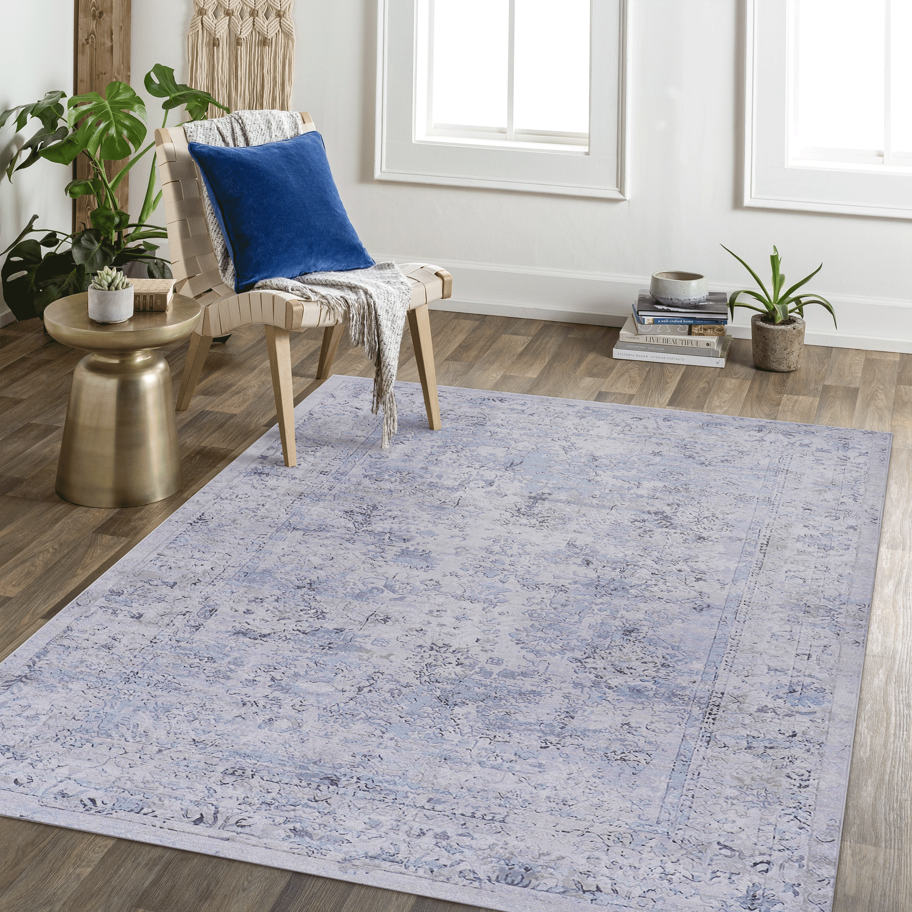NAAR MAVAL Blue Washable Rug 5x8 Area Rug (Blue+Cream, 5&amp;#39; x 8&amp;#39;)