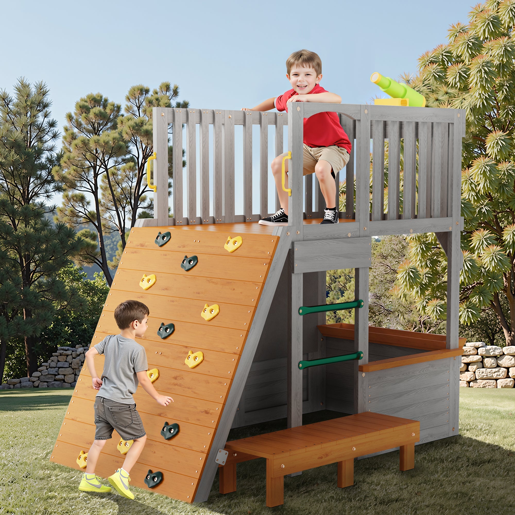 Large Sturdy Wooden Playhouse for Kids Realistic Modern Design Lookout Post Telescope Climb Ramp-for 5-8 Children&amp;#39;s Outdoor Play