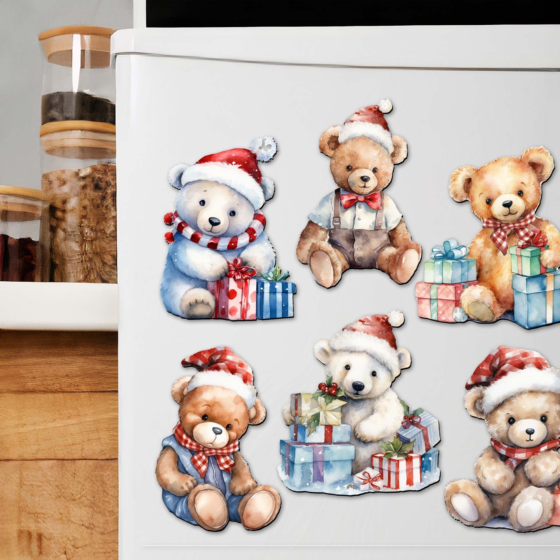 Christmas Teddy Bear Decorative Eco Wood Magnets Set of 6 by G. Debrekht - Christmas Décor - 8090011G-S6
