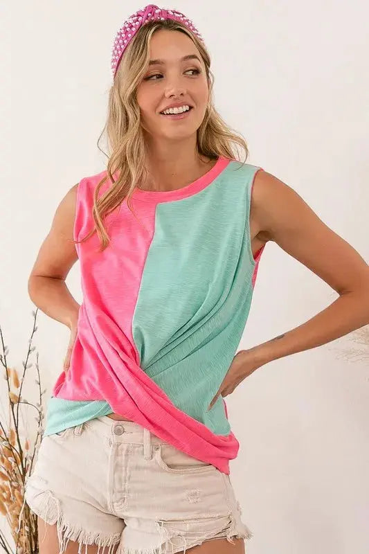 Trendsi Slub Terry Color Block Top Women&amp;#39;s Casual Tank Twisted, USA Ship