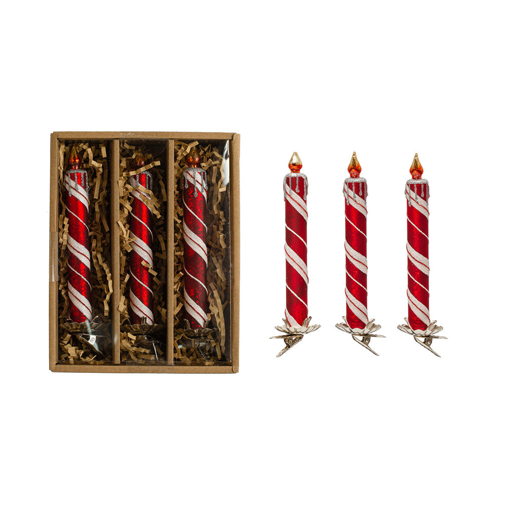 6&amp;quot;H Glass Candle Clip-on Ornaments w/ Glitter, Red &amp;amp; White, Set of 3