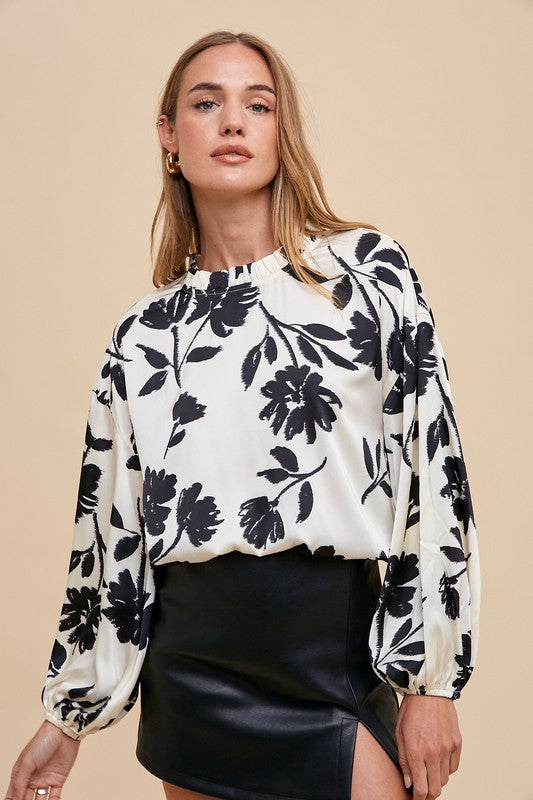 Midnight Bloom Frill Balloon Sleeve Blouse