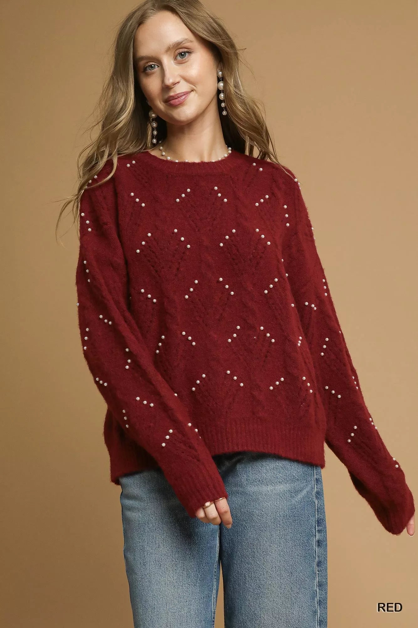 Umgee Pearl-Embellished Long Sleeve Sweater