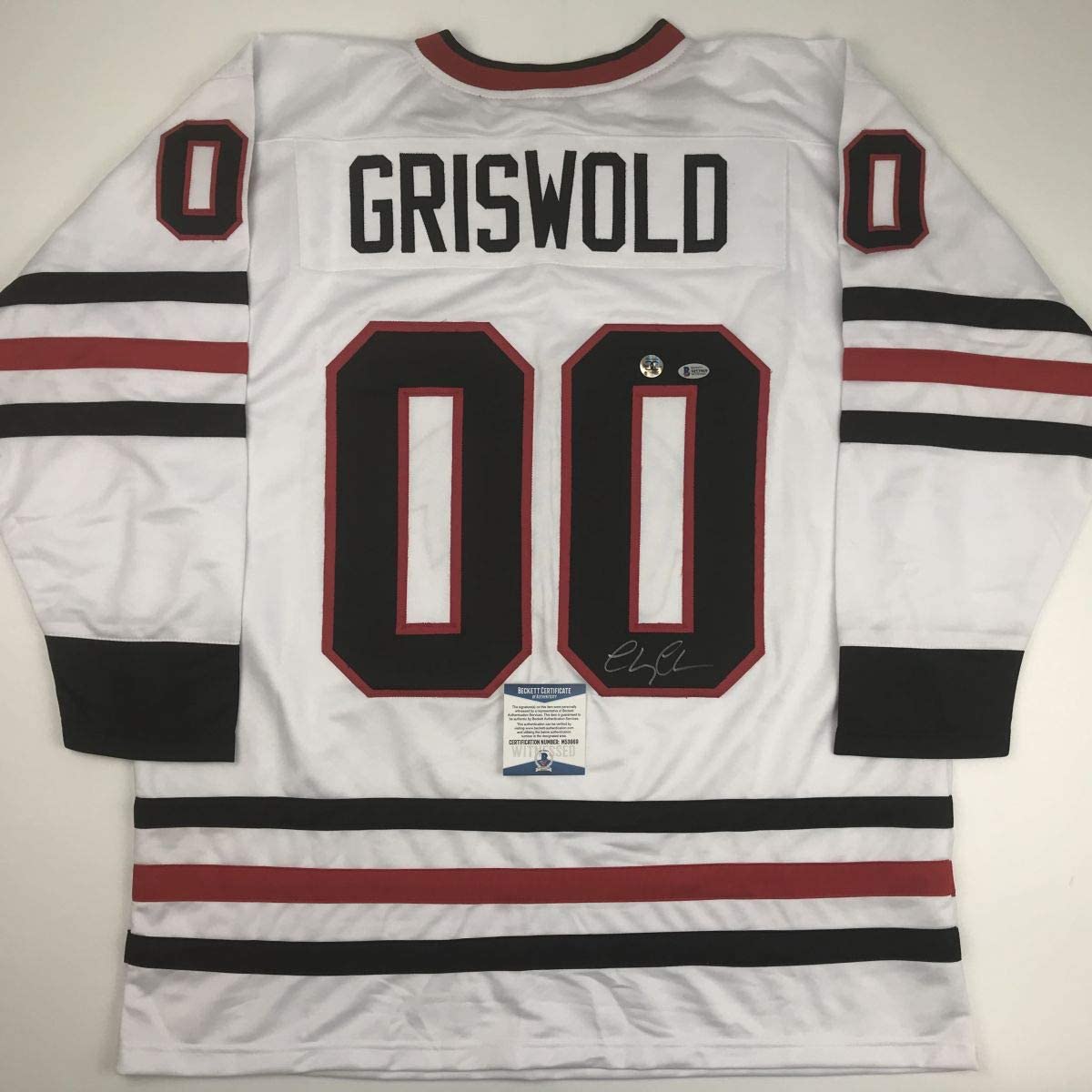 Autographed/Signed Chevy Chase Clark Griswold Christmas Vacation Movie Chicago White Hockey Jersey Beckett BAS COA