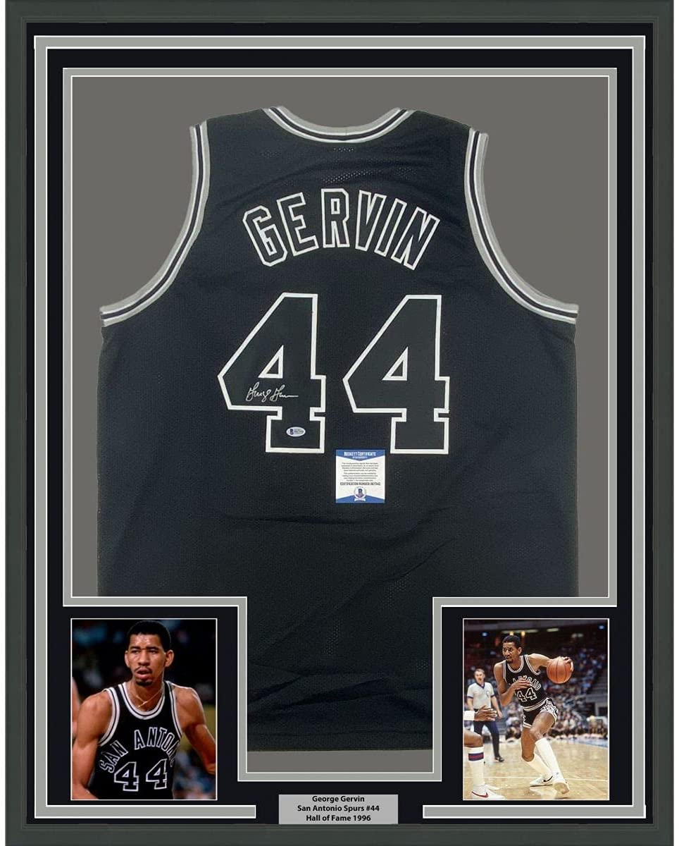 Framed Autographed/Signed George Gervin 35x39 San Antonio Black Basketball Jersey Beckett BAS COA