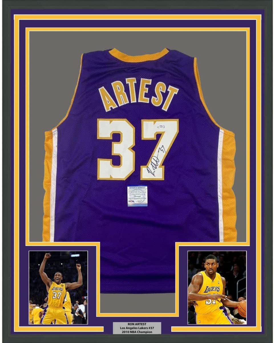 Framed Autographed/Signed Ron Artest 35x39 Los Angeles LA Purple Basketball Jersey PSA/DNA COA