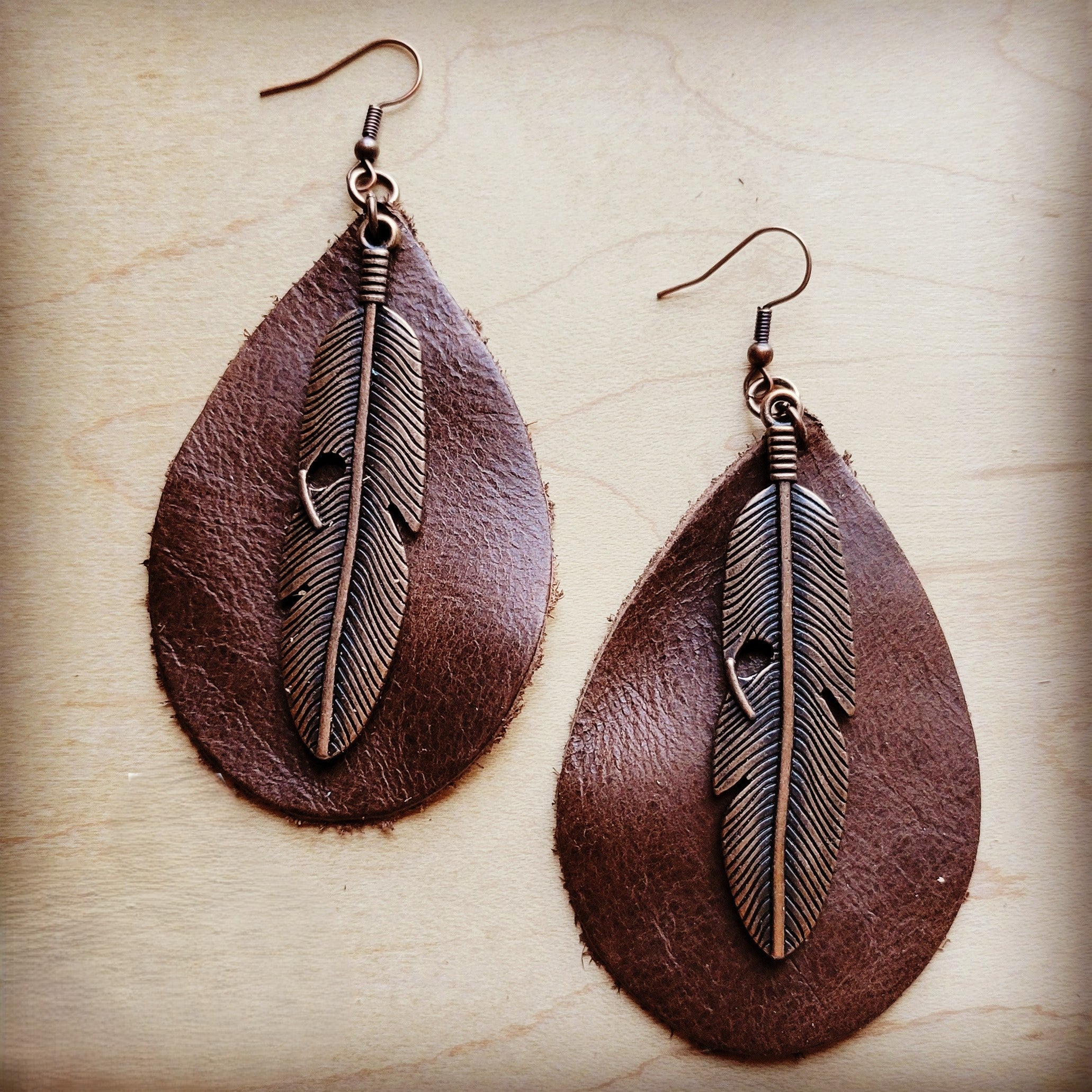 Leather Teardrop Earrings Brown w/ Copper Feather 208a