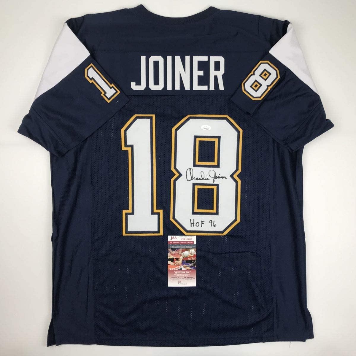 Autographed/Signed Charlie Joiner HOF 96 San Diego Dark Blue Football Jersey JSA COA