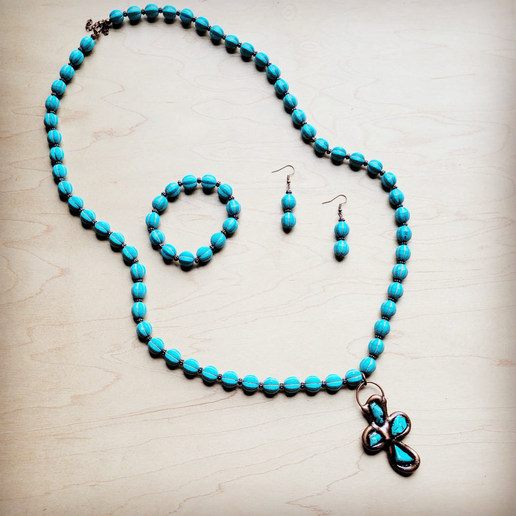 **Blue Turquoise Melon Beaded Necklace w/ Copper Cross 260g