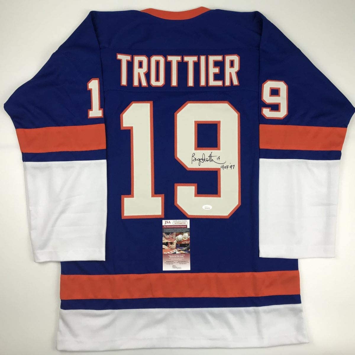 Autographed/Signed Bryan Trottier HOF 97 New York Blue Hockey Jersey JSA COA