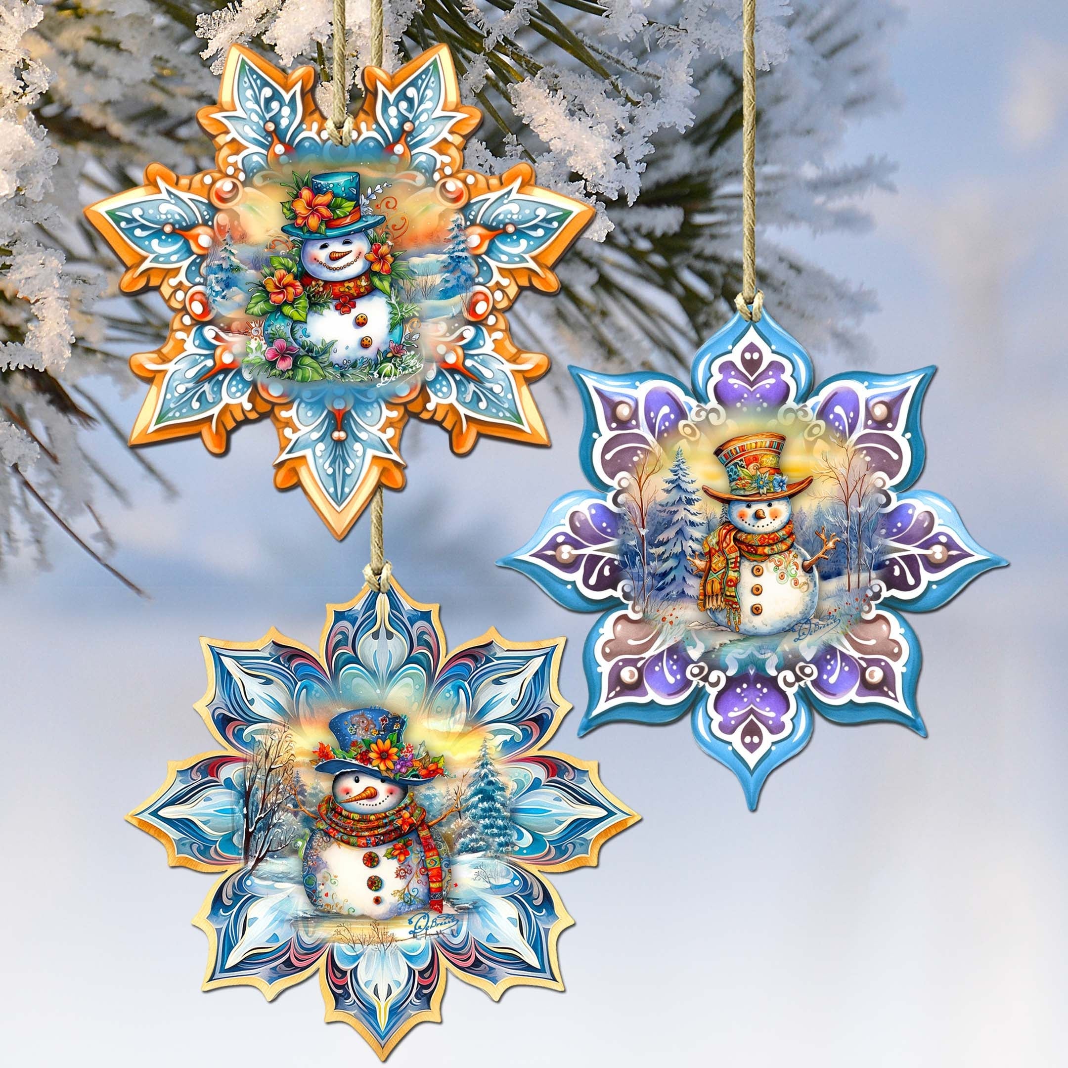 Happy Snowman Snowflake Eco Wood Ornaments Set of 3 by G. Debrekht - Christmas Decor - 8090149-S3