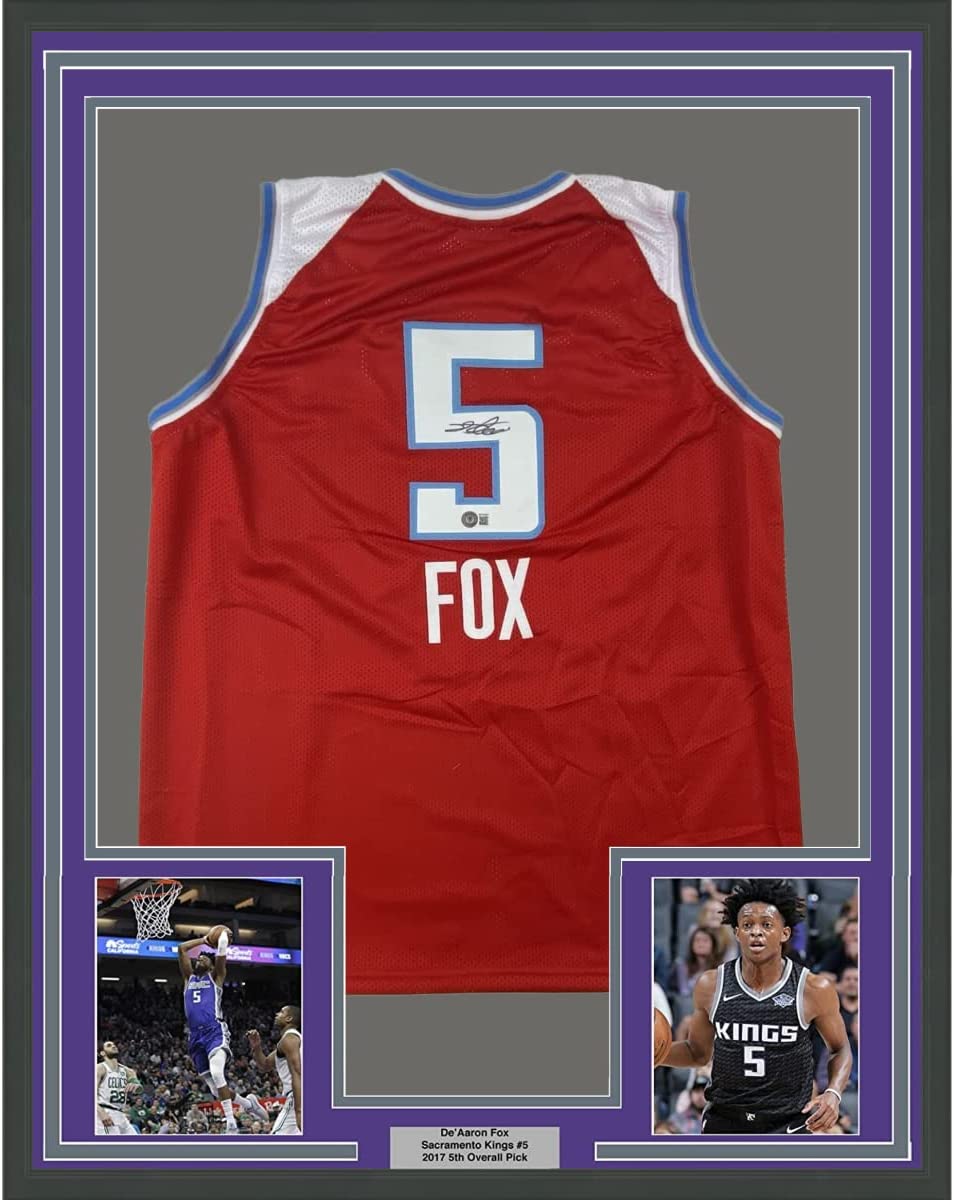 Framed Autographed/Signed De&amp;#39;Aaron Fox 35x39 Sacramento Red City Edition Basketball Jersey Beckett BAS COA