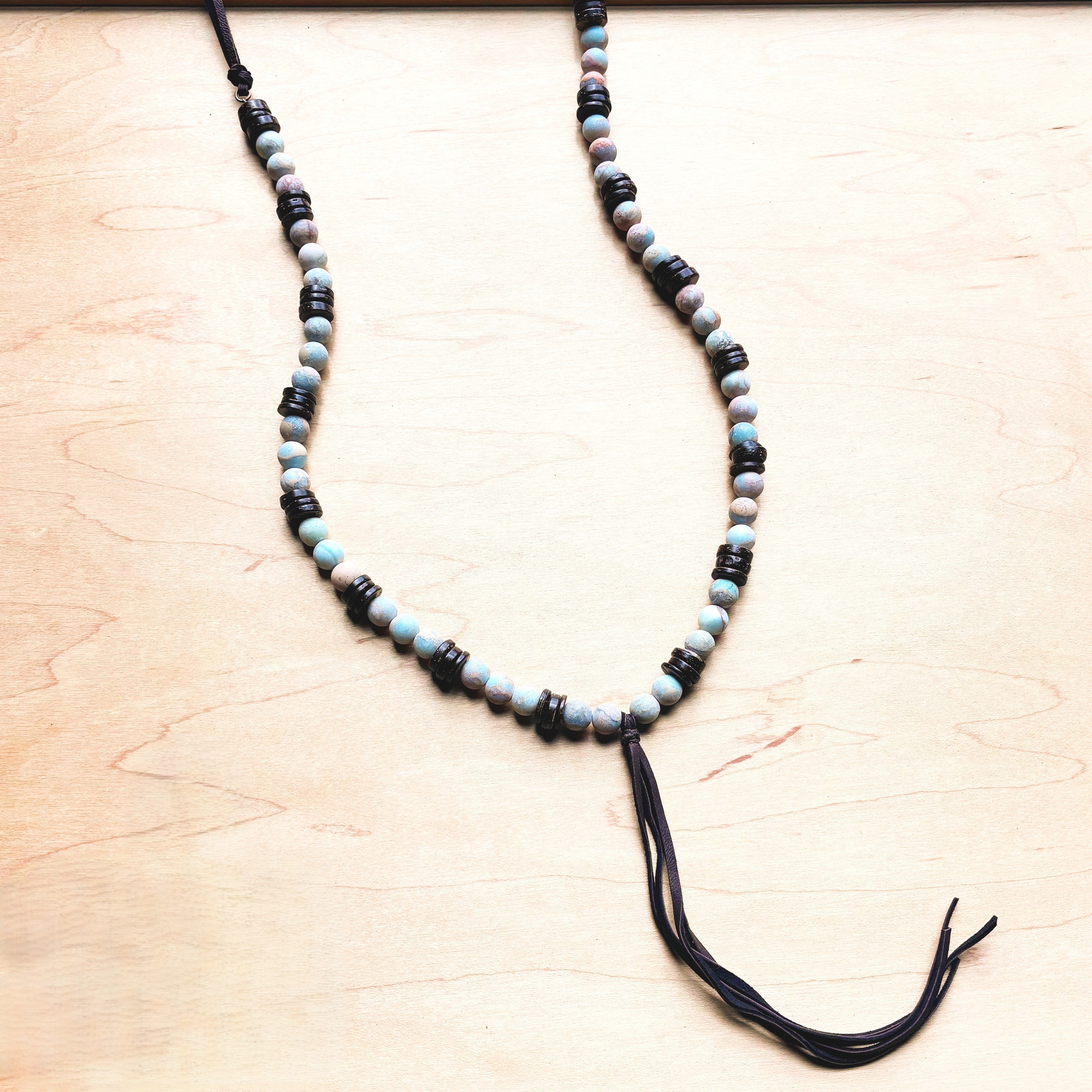 **Frosted Aqua Terra Necklace w/ Wood Beads &amp;amp; Leather Tassel 258a