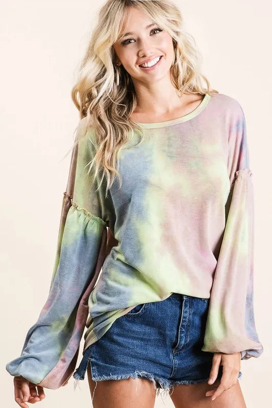 BiBi Tie Dye French Terry Sweatshirt With Bubble Sleeves