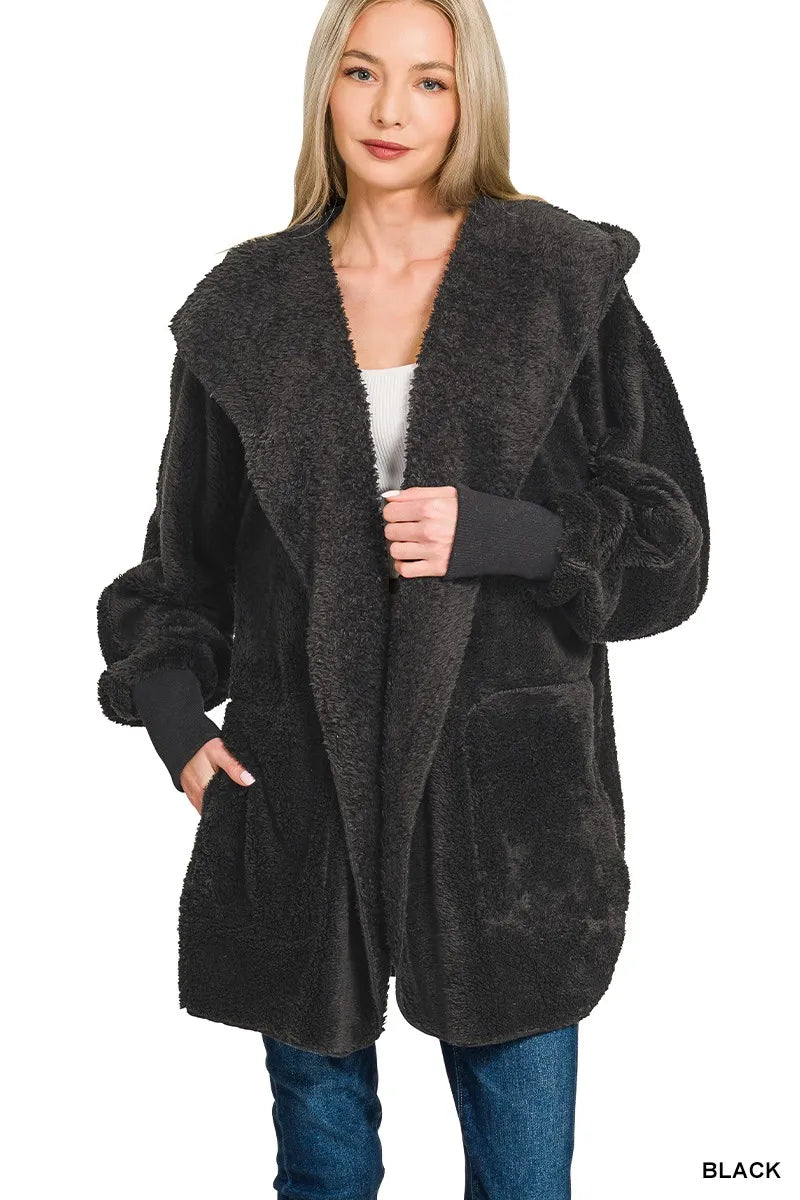 Zenana Hooded Faux Fur Jacket with Pockets