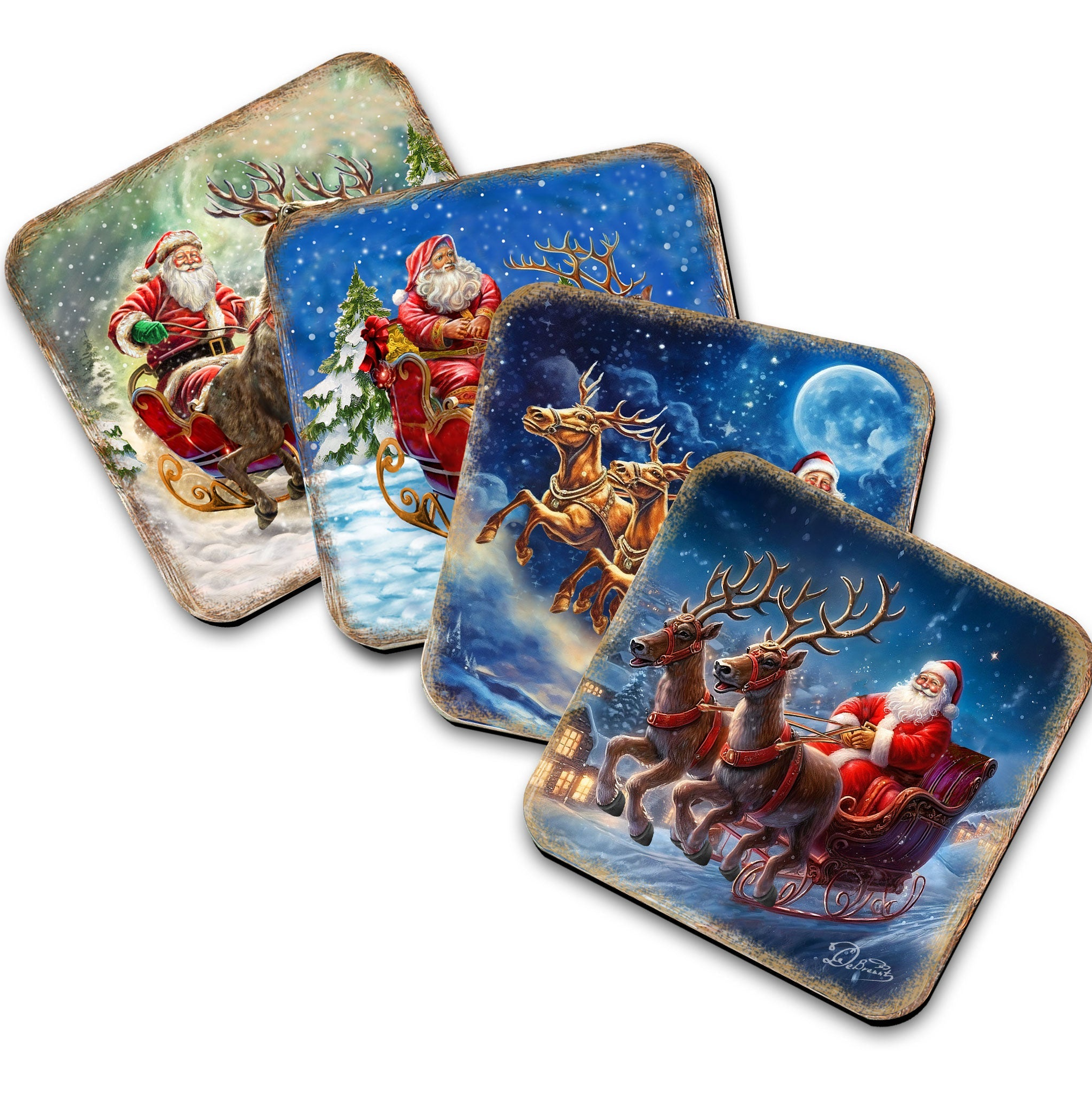 Santa&amp;#39;s Sleigh Wooden Cork Coasters Gift Set of 4 by G. Debrekht - Santa Christmas Decor  - 8199445C-S4
