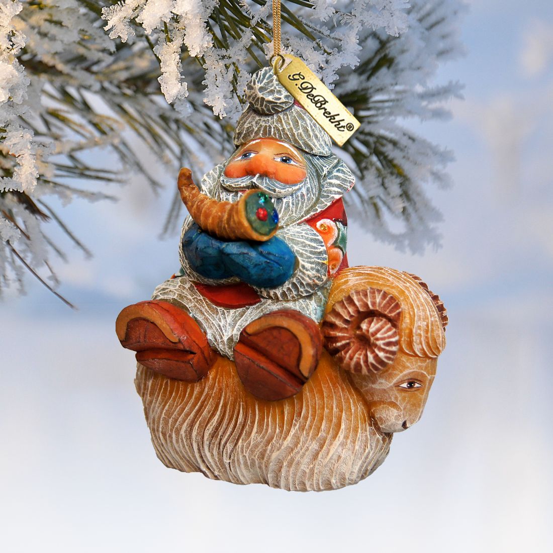Santa On Ram Sculpted Hand-Painted Christmas Ornament by G. DeBrekht - Christmas Santa Snowman Décor - 63145