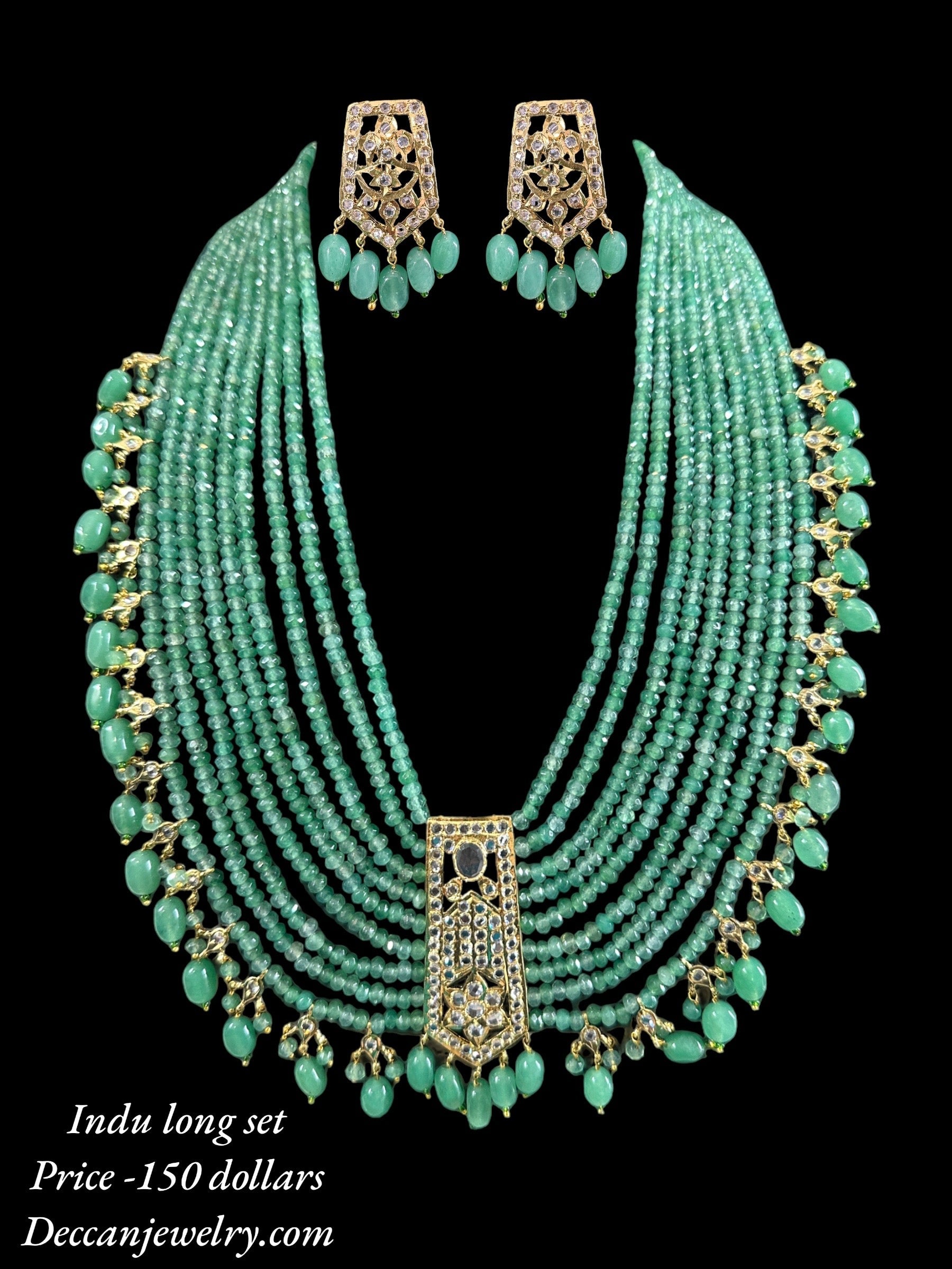 DLN66 Indu long green beads haar (SHIPS IN 3 WEEKS)