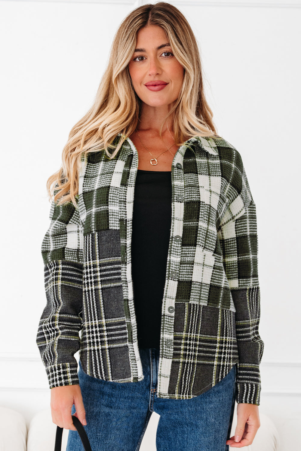 Plaid Textured Knit Button-Up Shacket