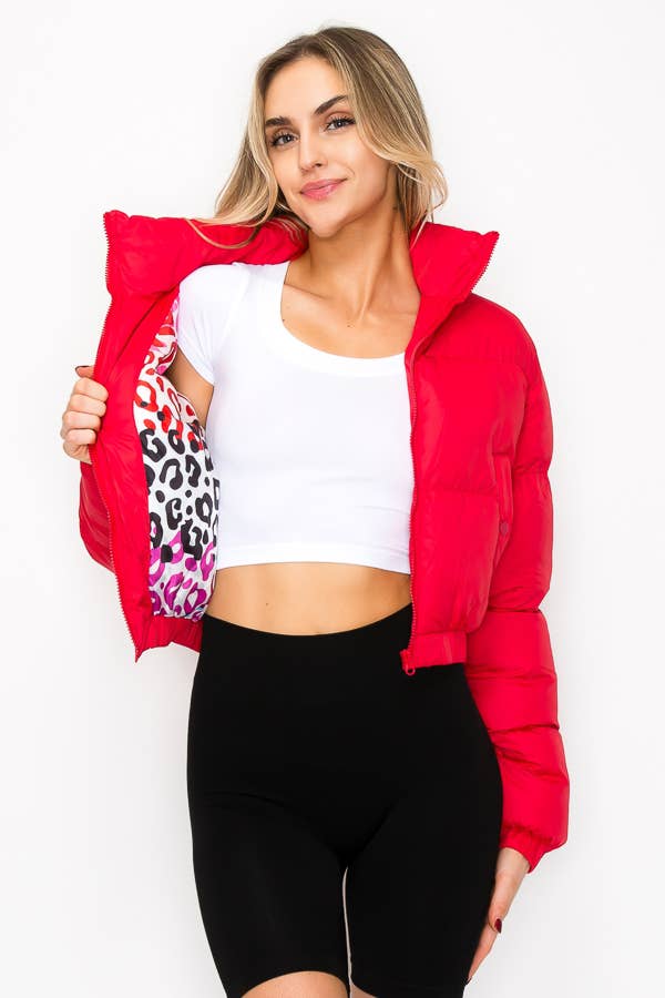 Bold &amp;amp; Cozy Mock Neck Printed Lining Puffer Jacket
