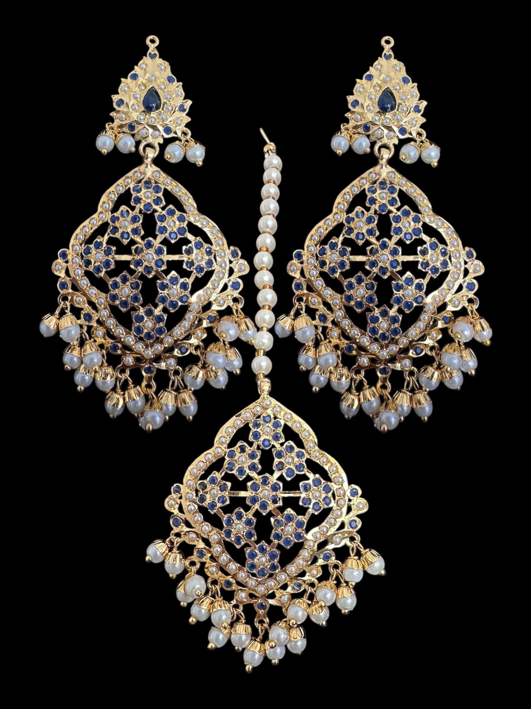 DJET89 Mehru Jadau chandbali earrings tika in sapphire pearls ( READY TO SHIP )