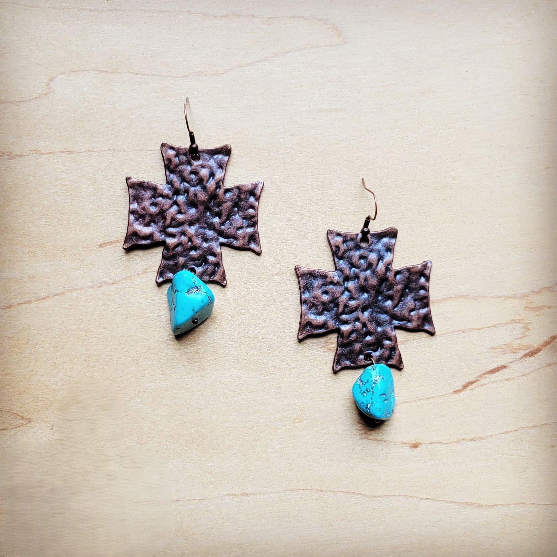 **Copper Cross Earrings w/ Blue Turquoise Chunks 220o