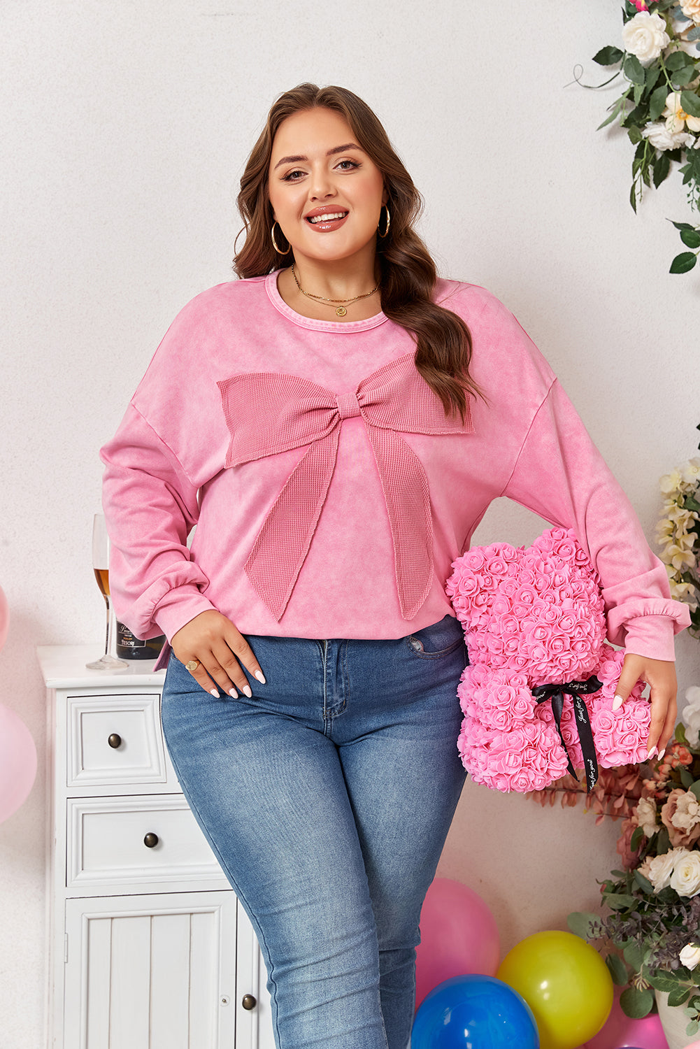 Plus Size Waffle Bowknot Patchwork Mineral Wash Sweatshirt