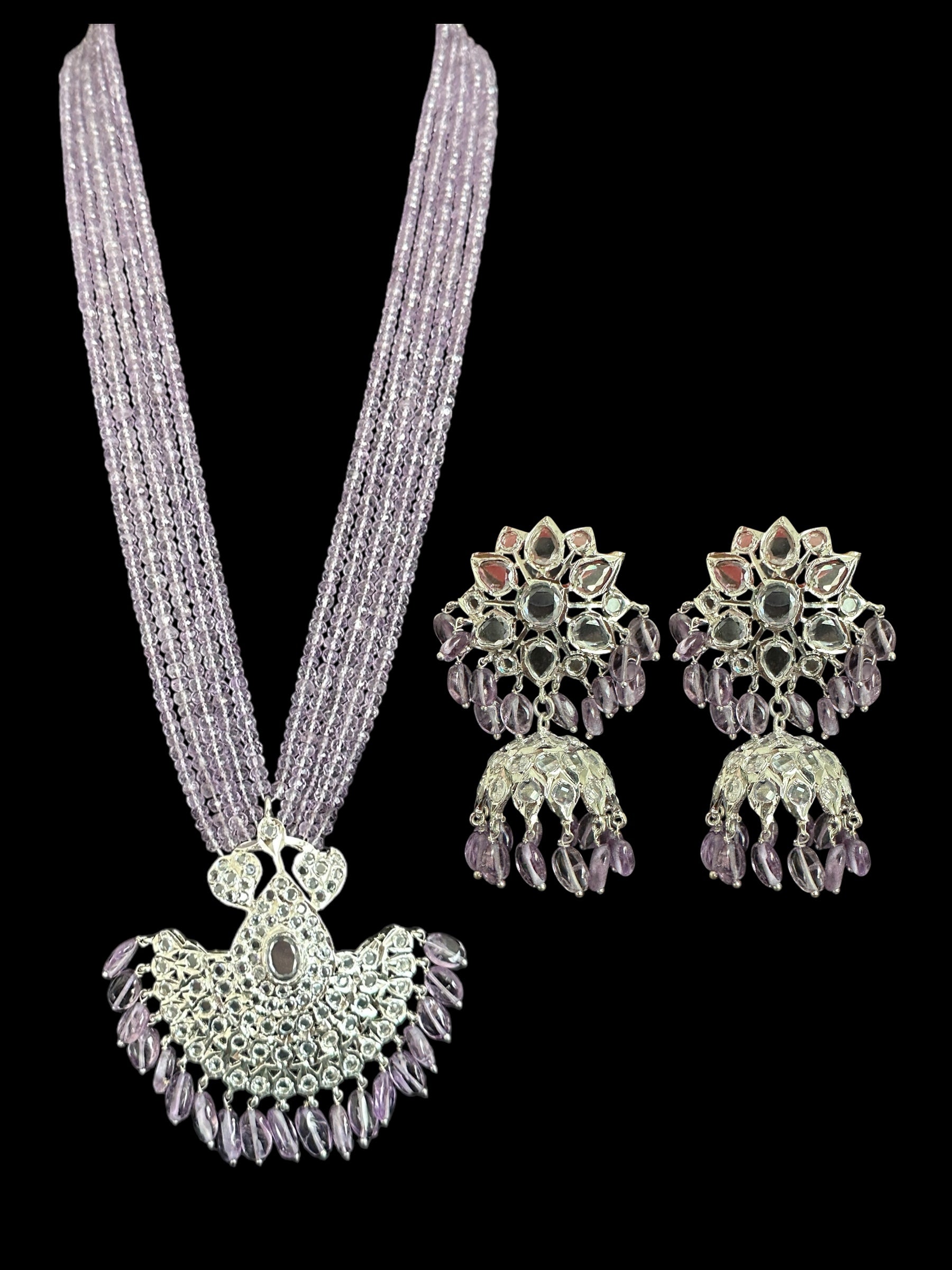 Khushi long necklace with earrings in real amethyst beads ( SHIPS IN 4 WEEKS )