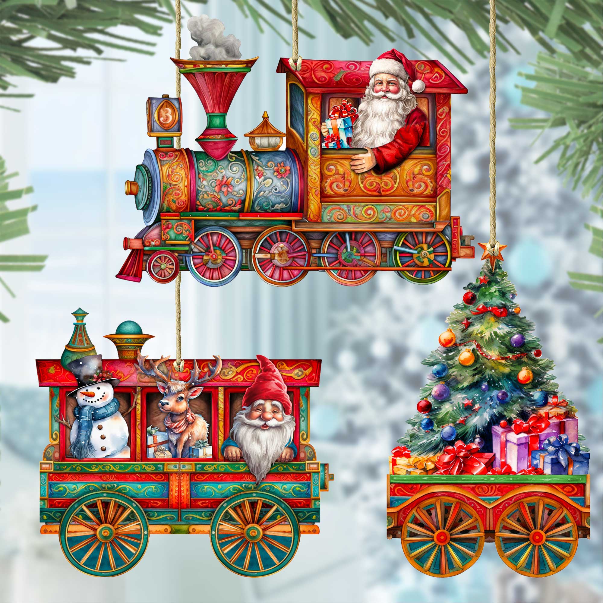Santa&amp;#39;s Train Wooden Ornaments Set of 3 by G. Debrekht - Christmas Decor - 8100199S3