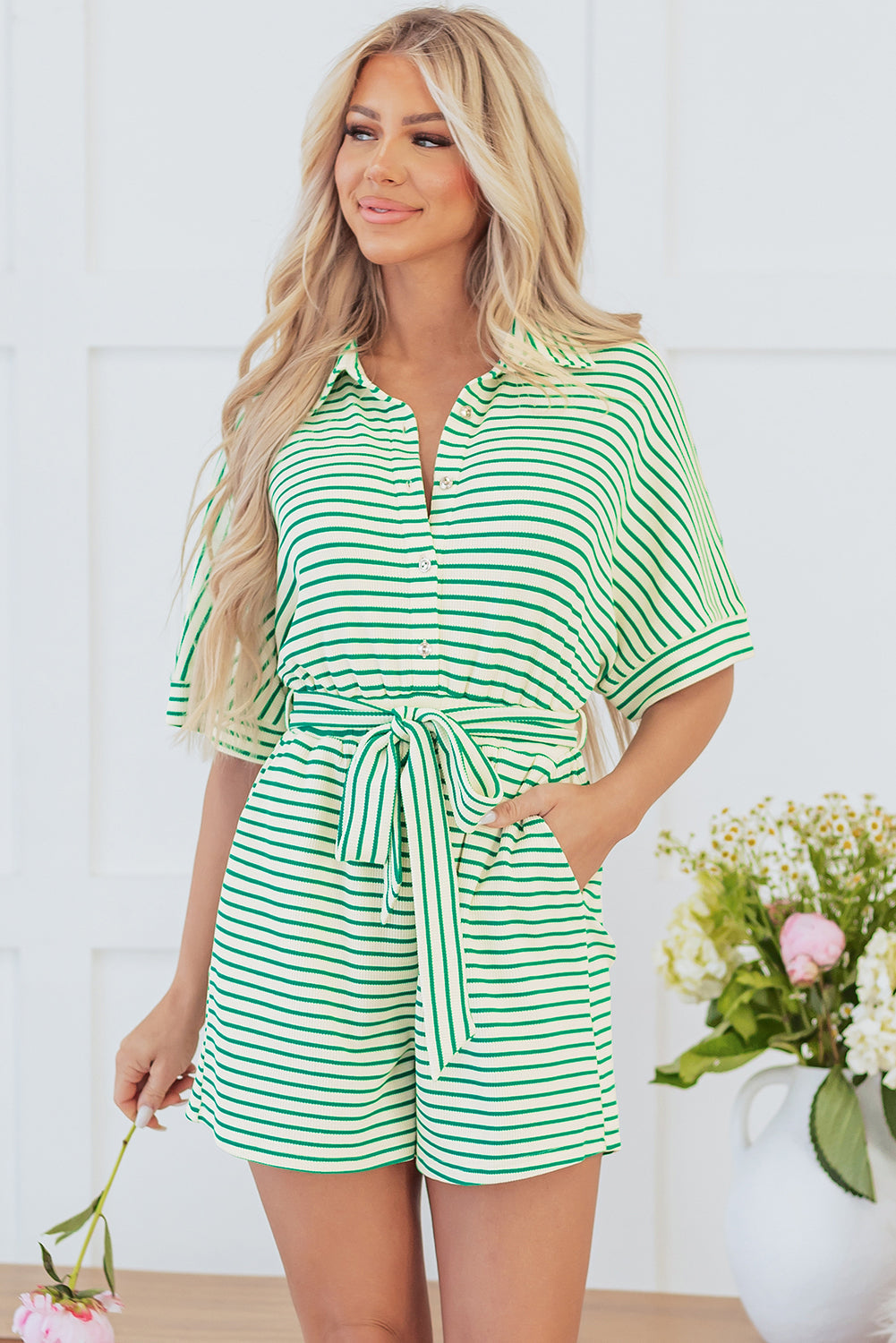 Annabelle Stripe Buttoned &amp;amp; Tie Romper