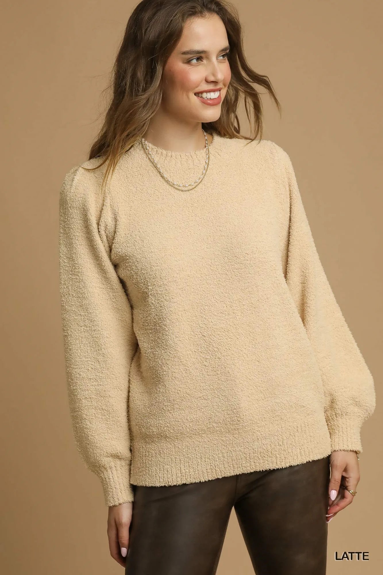 Umgee Textured Long Sleeve Sweater with Ribbed Trim