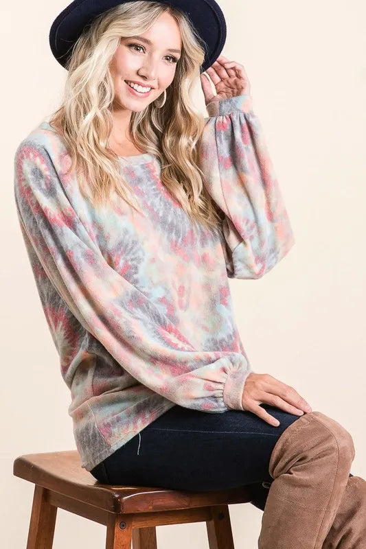 BiBi Brushed Tie Dye Print Top with Puff Sleeves