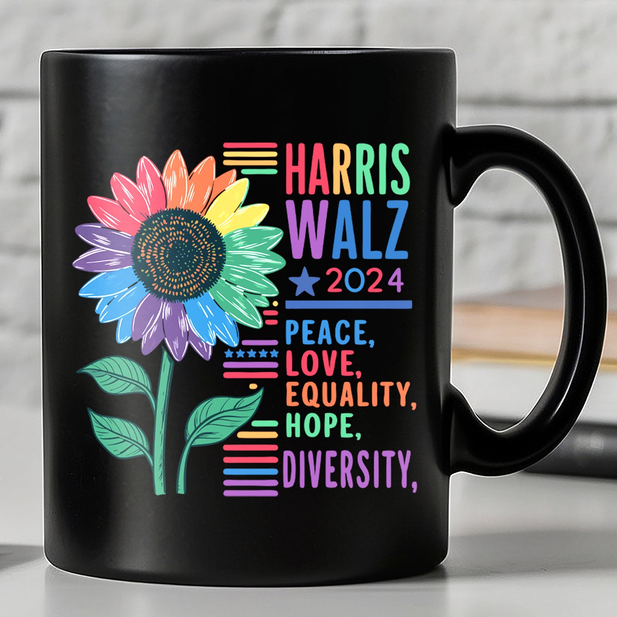 HARRIS WALZ PEACE LOVE 2024 MUG | KAMALA HARRIS 2024 BLACK MUG | DEMOCRAT MUG T1438 - KH2