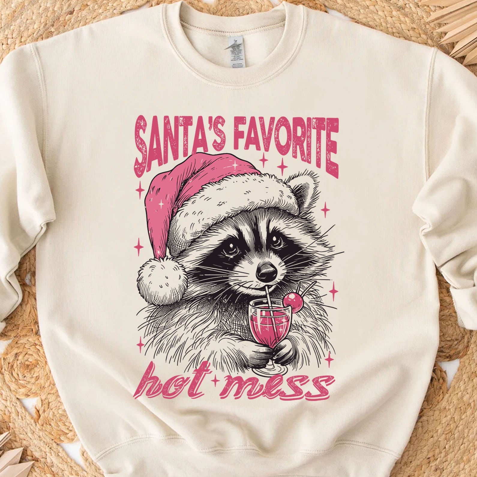 Santa&amp;#39;s Favorite Hot Mess Shirt, Funny Christmas Raccoon Sweater, Trendy Pink Christmas Sweatshirt T1640
