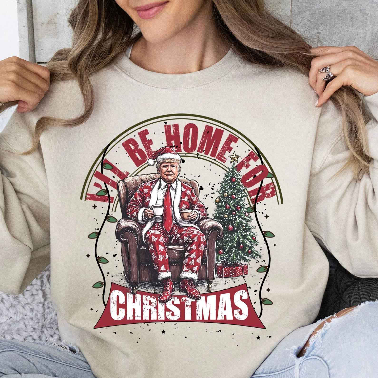 Trump I&amp;#39;ll Be Home for Christmas Sweatshirt, Humorous Trump Christmas Sweatshirt, Trump Supporters 2024 Ugly Sweatshirt T1661 - GOP