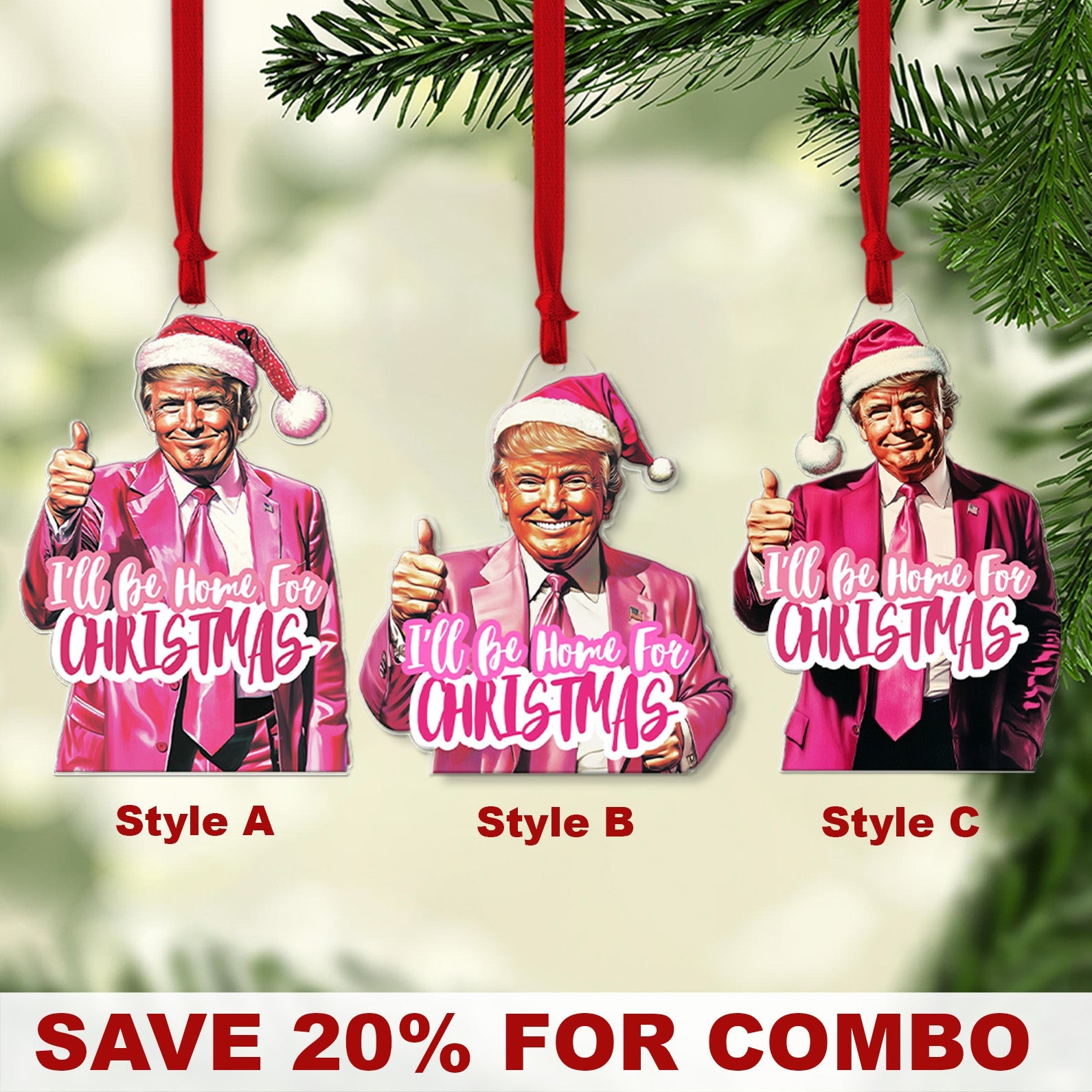 Pink Trump I&amp;#39;ll Be Home For Christmas, Humorous Trump Christmas Acrylic Ornament | Perfect for Car &amp;amp; Christmas Tree Decor T1664 - GOP