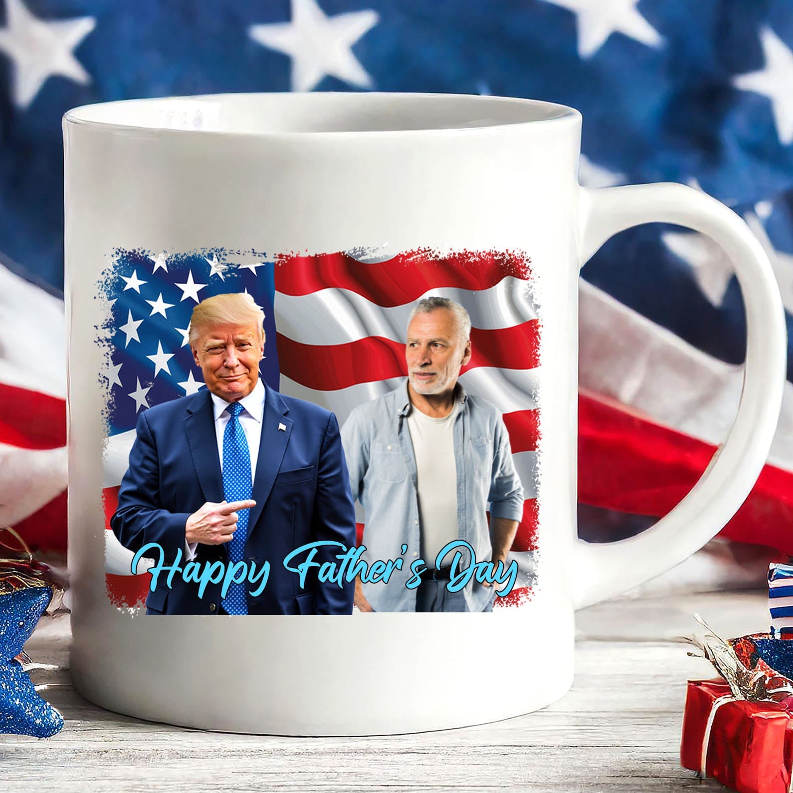 Happy Father&amp;#39;s Day Mug, Personalize Custom Photo with Trump Mug, Photo with Trump, Donald Trump President, Family Gift White Mug Accent Mug 682019 - GOP