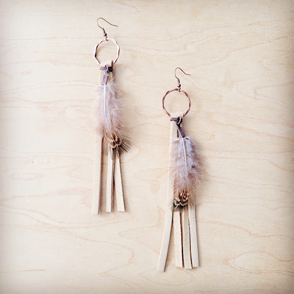 Boho Bone Deer Skin Leather Tassel Earring-Brown Feather 217r