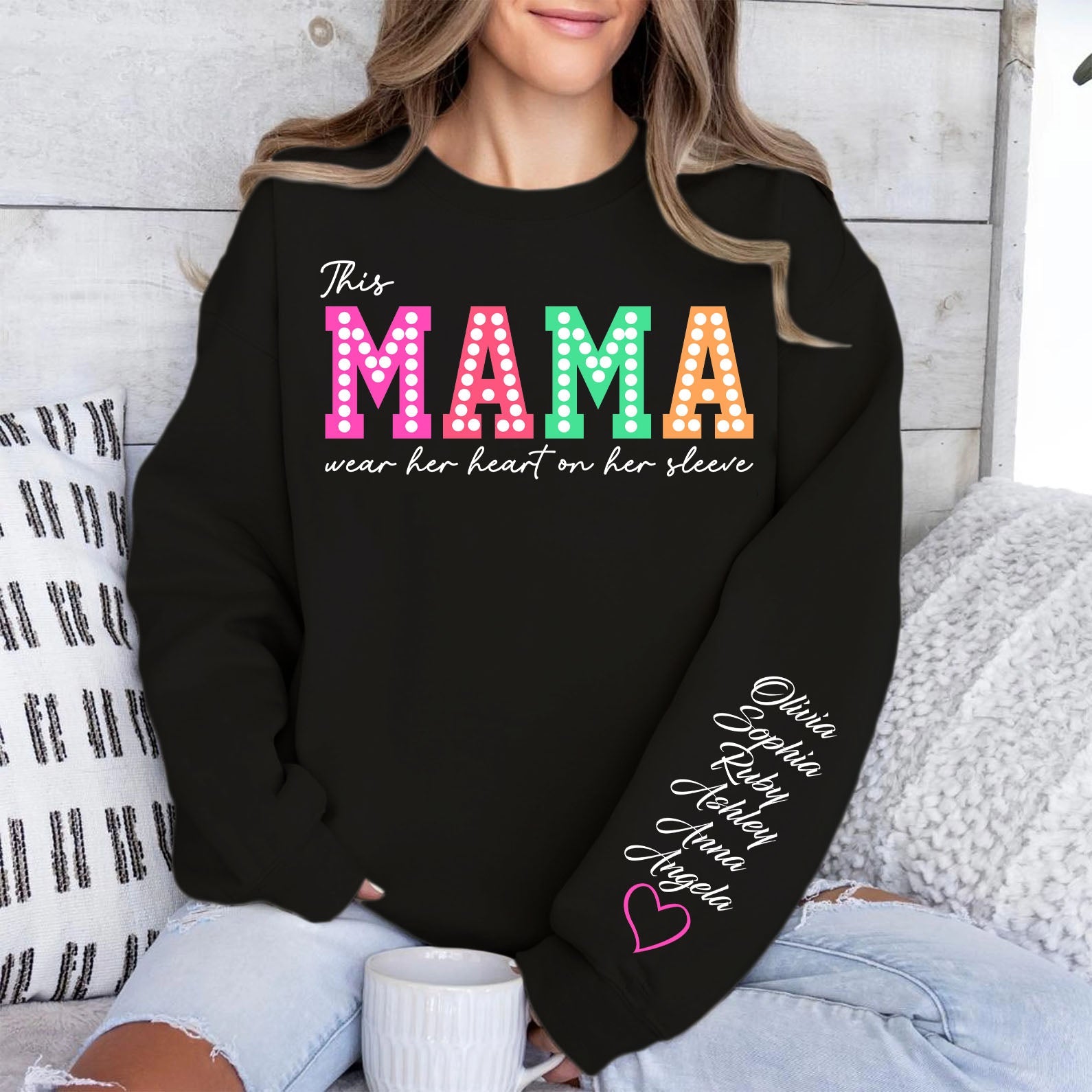 This Mama Wears Her Heart on Her Sleeve Custom Name Shirt, Personalized Custom Sleeve Print Sweatshirt, Mother&amp;#39;s Day Gifts, Gift For Mom, Gift For Wife 682068